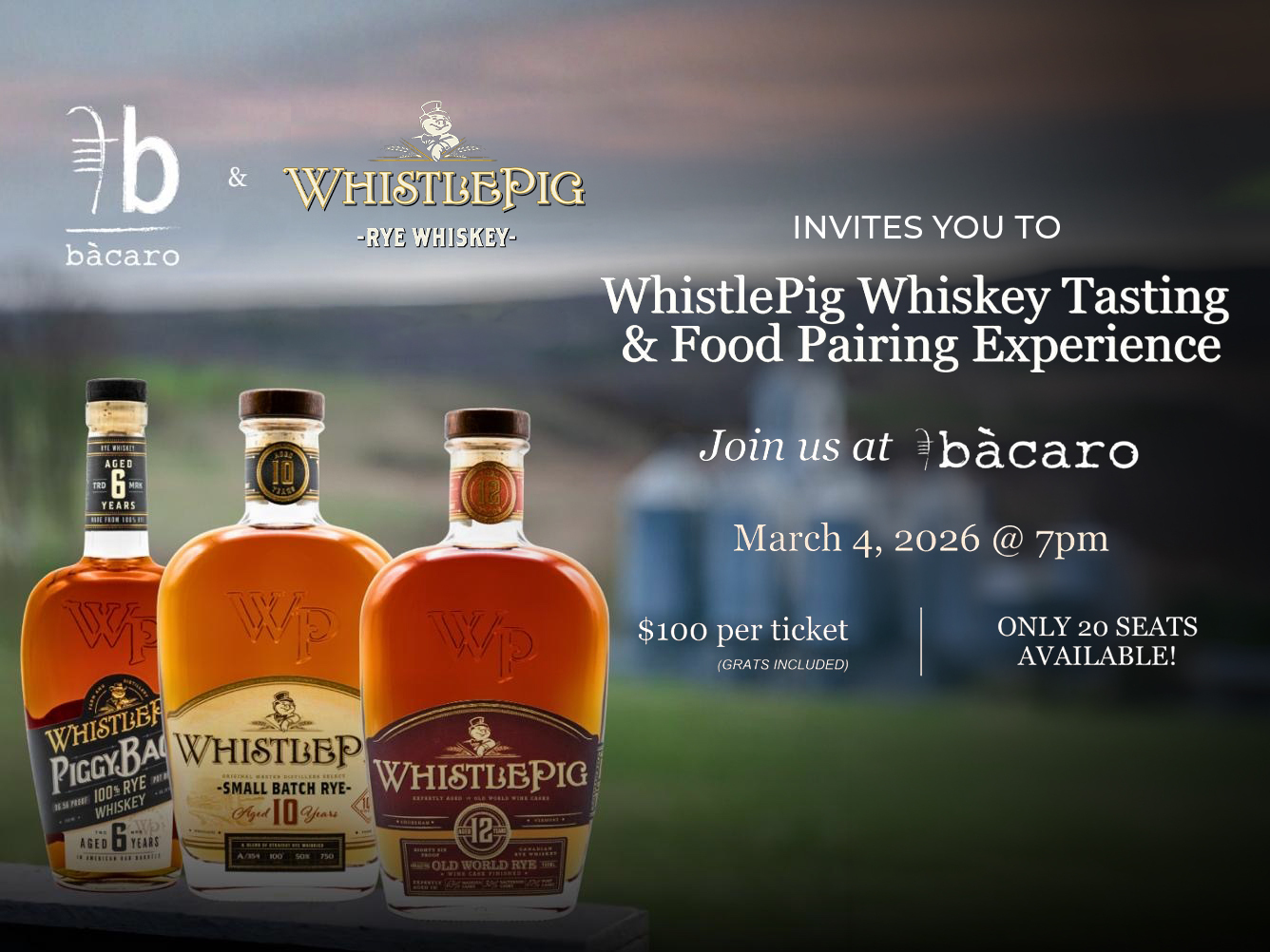 WhistePig Whiskey Tasting & Food Pairing Experience